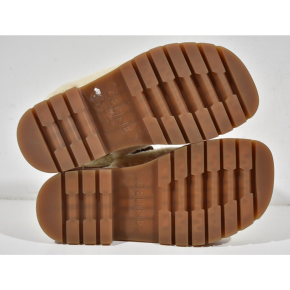 Celine Leo Scratch Sandal Shearling Fur Tan Leather Logo Strap Platform Flat 37 - Picture 12 of 12